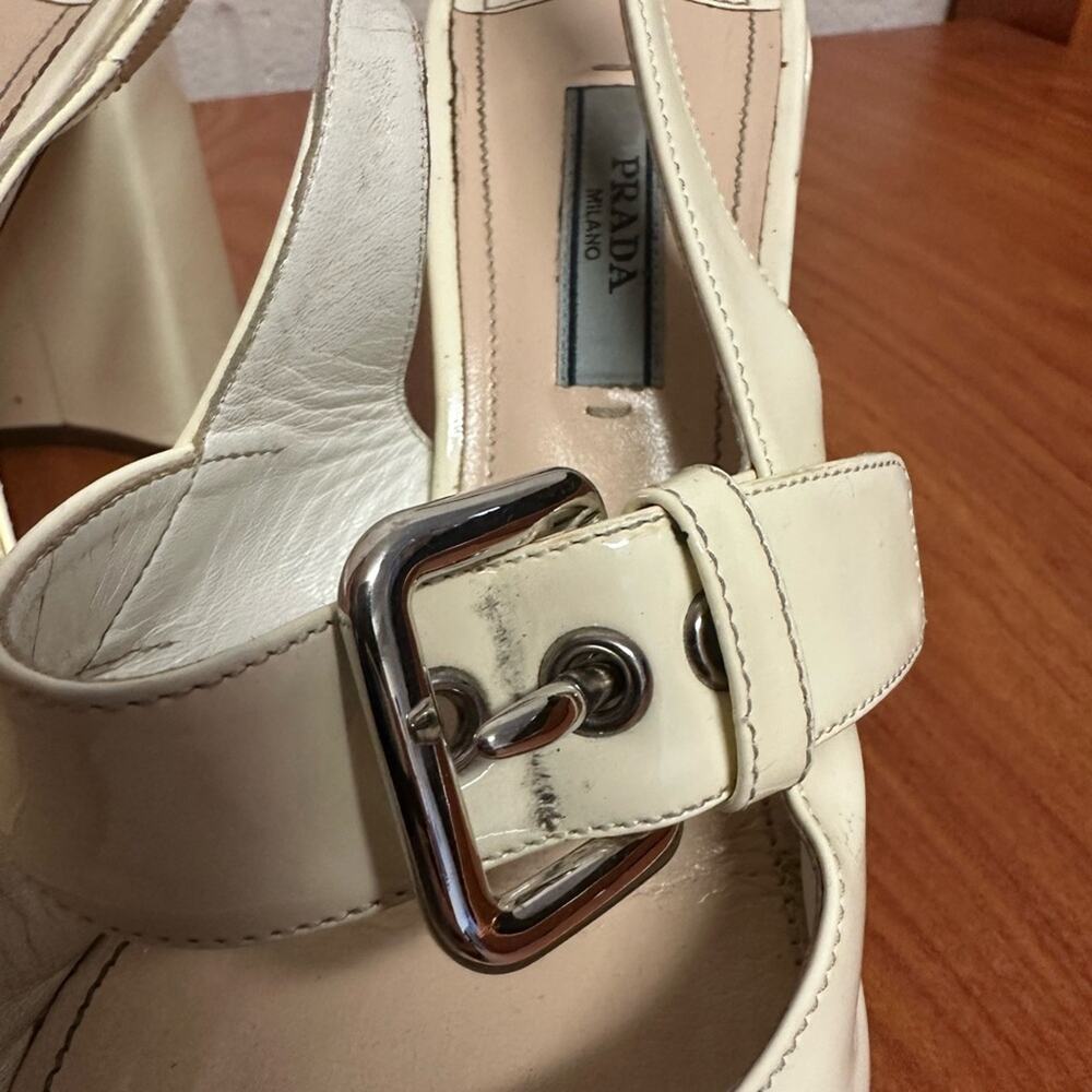 Prada Off White Patent Leather Mary Jane Slingback Block Heel Pumps Size 37.5 - Picture 12 of 16